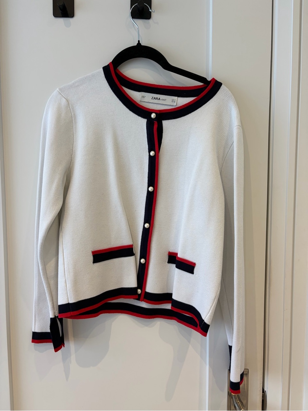Zara White Knit Cardigan with Navy & Red Trim and Pearl Buttons